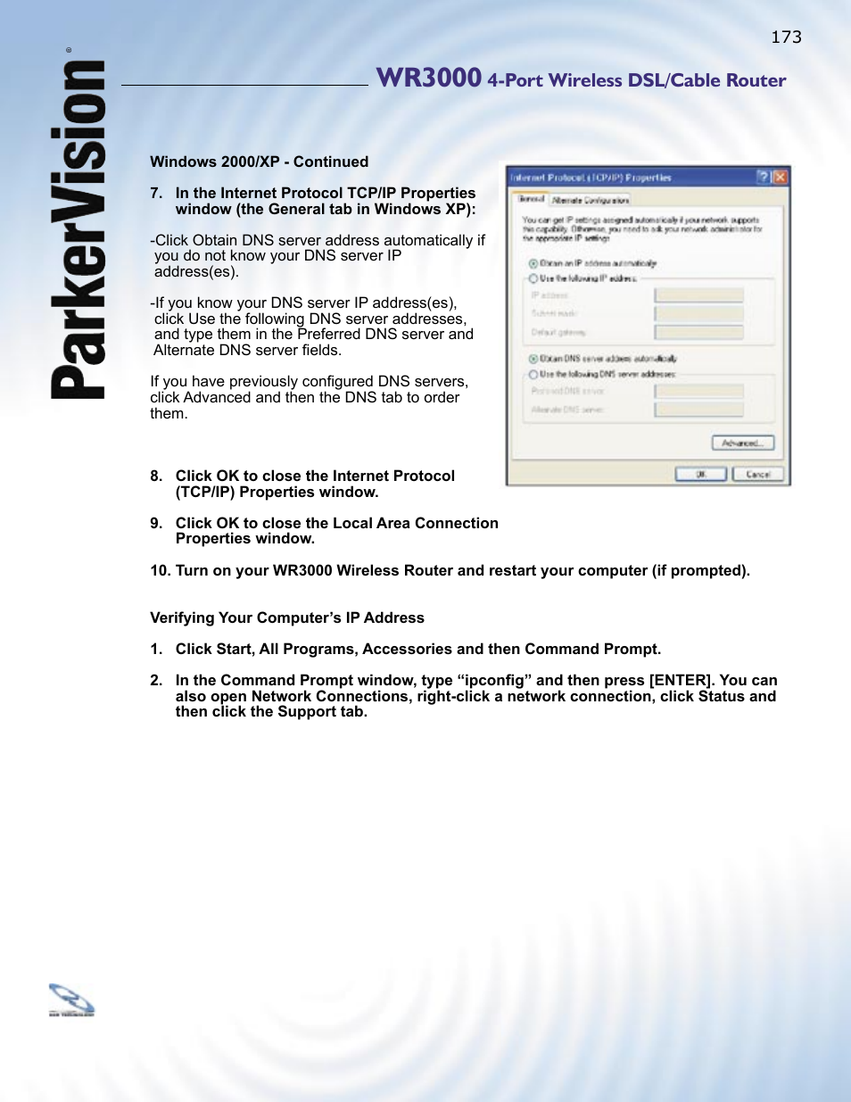 Wr3000, Port wireless dsl/cable router | ParkerVision WR3000 User Manual | Page 171 / 179