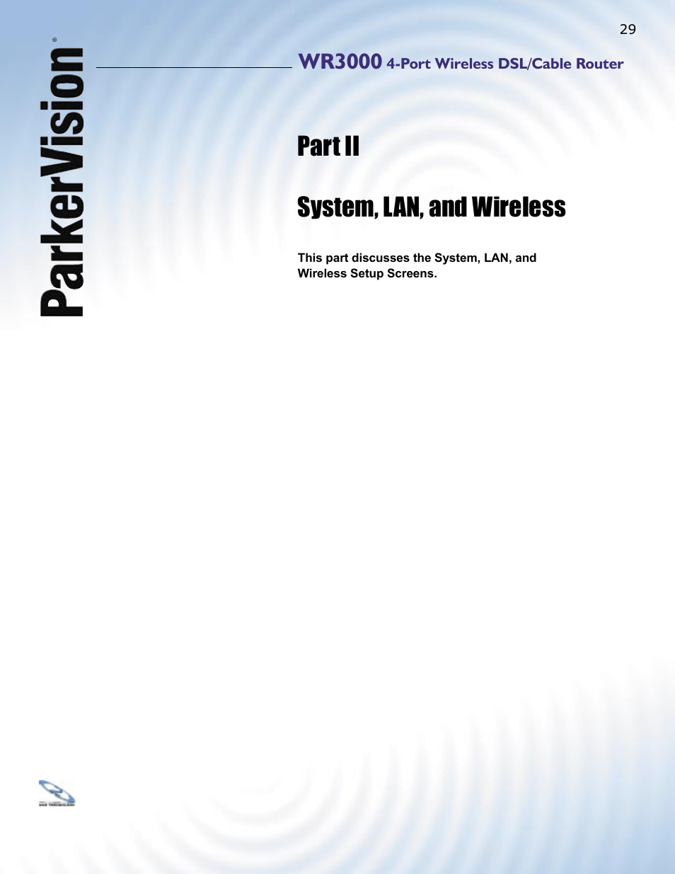 Part ii system, lan, and wireless, Wr3000 | ParkerVision WR3000 User Manual | Page 27 / 179