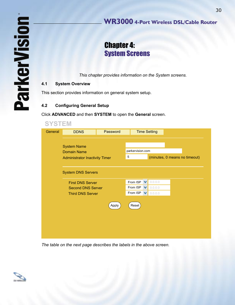 Wr3000, Chapter 4, System screens | System, Port wireless dsl/cable router | ParkerVision WR3000 User Manual | Page 28 / 179