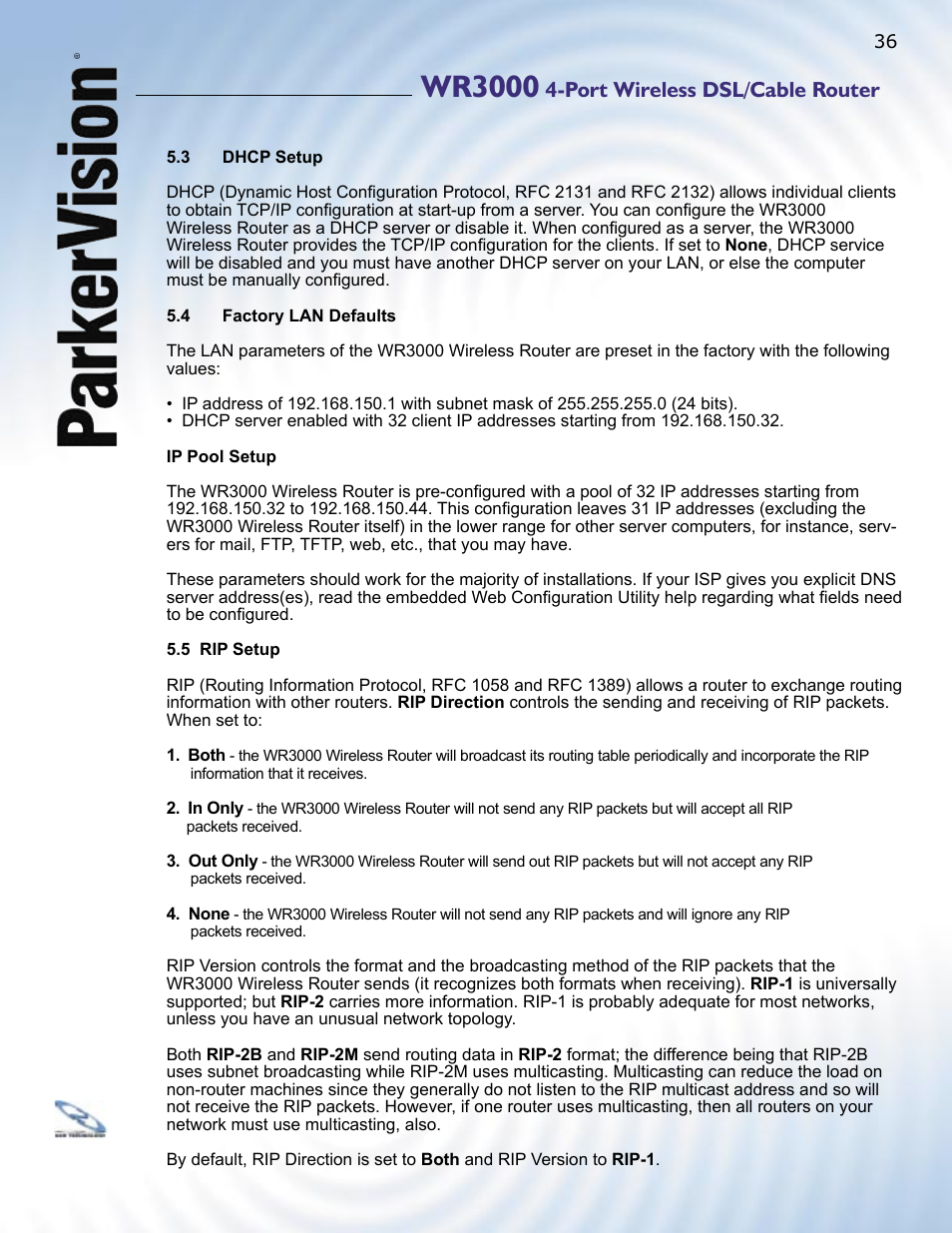 Wr3000, Port wireless dsl/cable router | ParkerVision WR3000 User Manual | Page 34 / 179