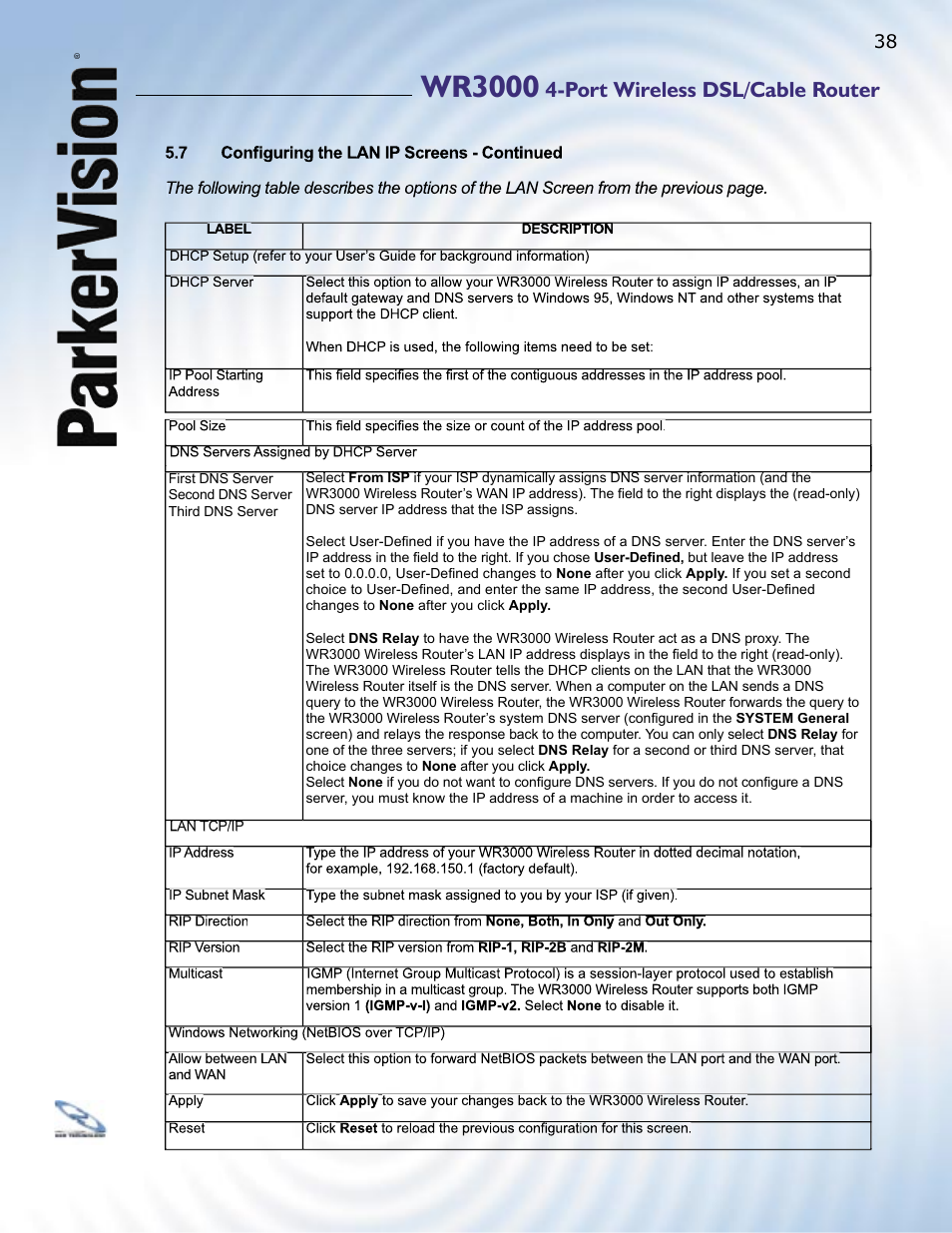 Wr3000, Port wireless dsl/cable router | ParkerVision WR3000 User Manual | Page 36 / 179