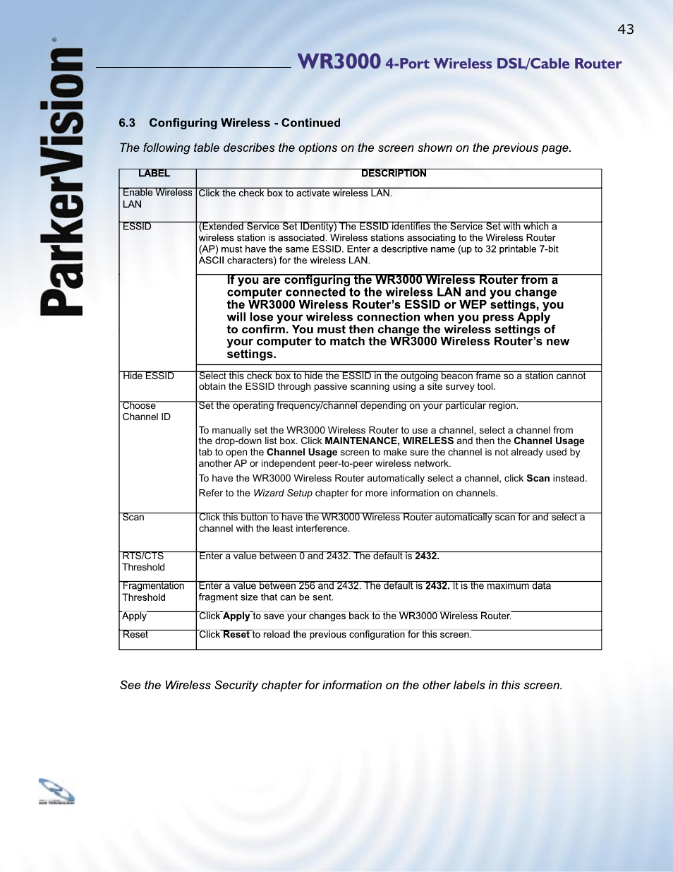 Wr3000, Port wireless dsl/cable router | ParkerVision WR3000 User Manual | Page 41 / 179