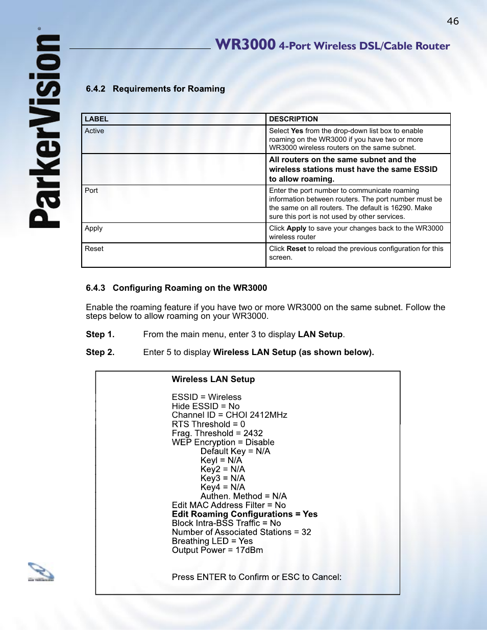 Wr3000, Port wireless dsl/cable router | ParkerVision WR3000 User Manual | Page 44 / 179