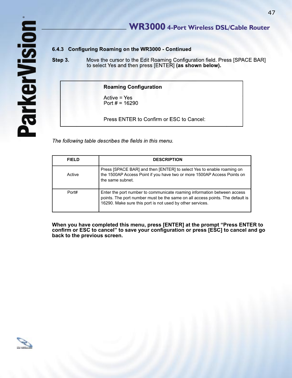 Wr3000, Port wireless dsl/cable router | ParkerVision WR3000 User Manual | Page 45 / 179