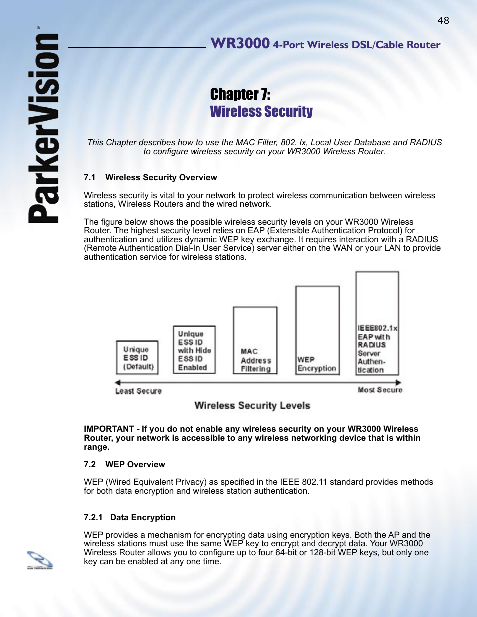 Wr3000, Chapter 7, Wireless security | ParkerVision WR3000 User Manual | Page 46 / 179