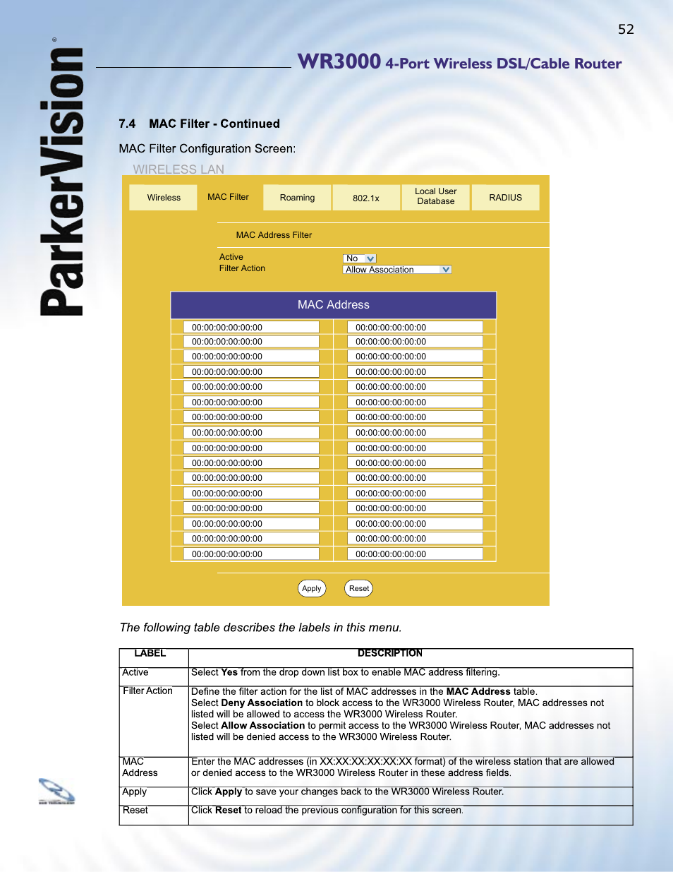 Wr3000, Port wireless dsl/cable router, Wireless lan | ParkerVision WR3000 User Manual | Page 50 / 179