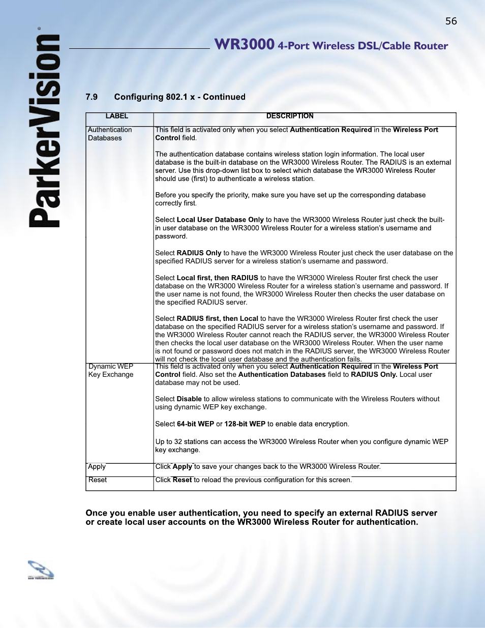 Wr3000, Port wireless dsl/cable router | ParkerVision WR3000 User Manual | Page 54 / 179