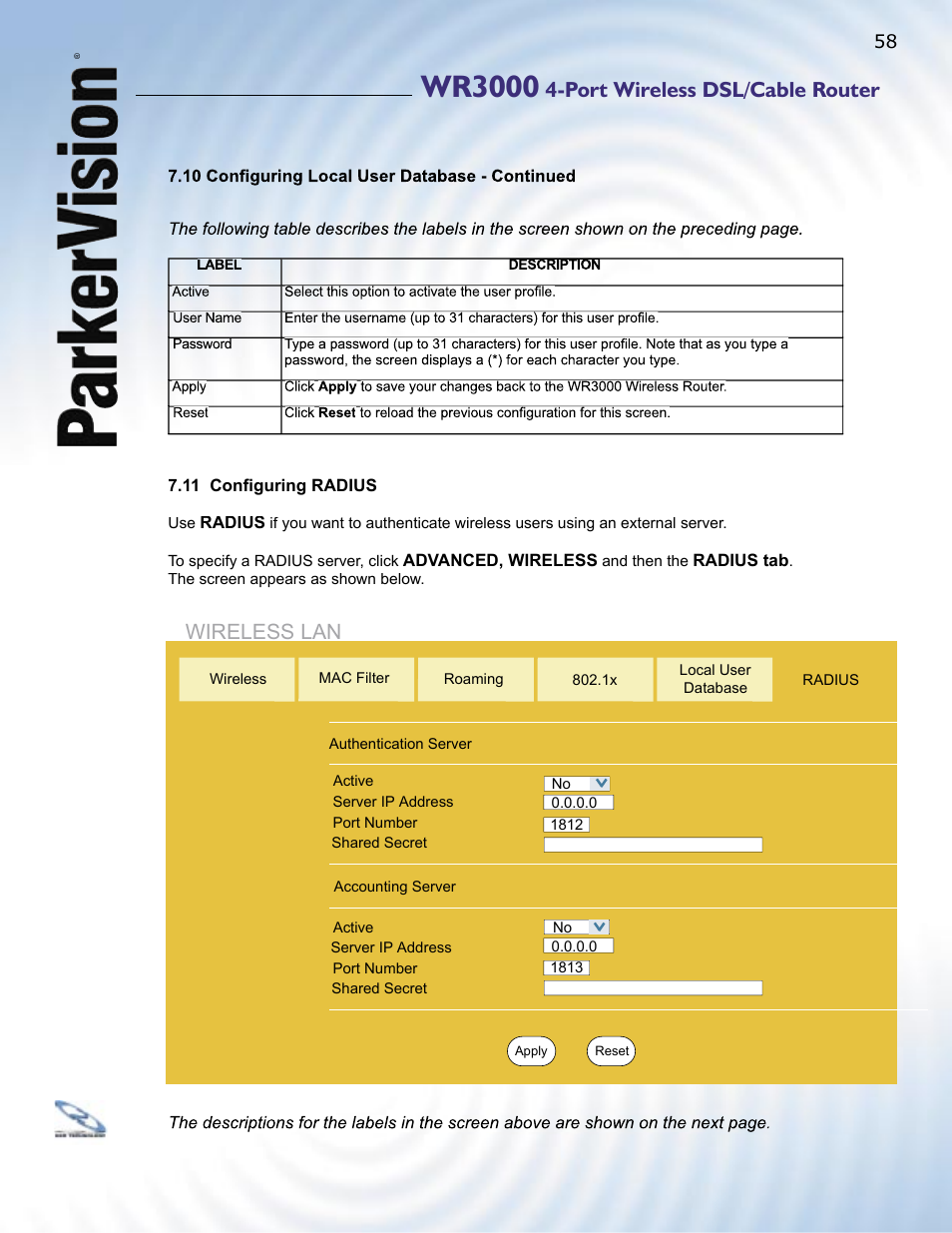 Wr3000, Port wireless dsl/cable router, Wireless lan | ParkerVision WR3000 User Manual | Page 56 / 179