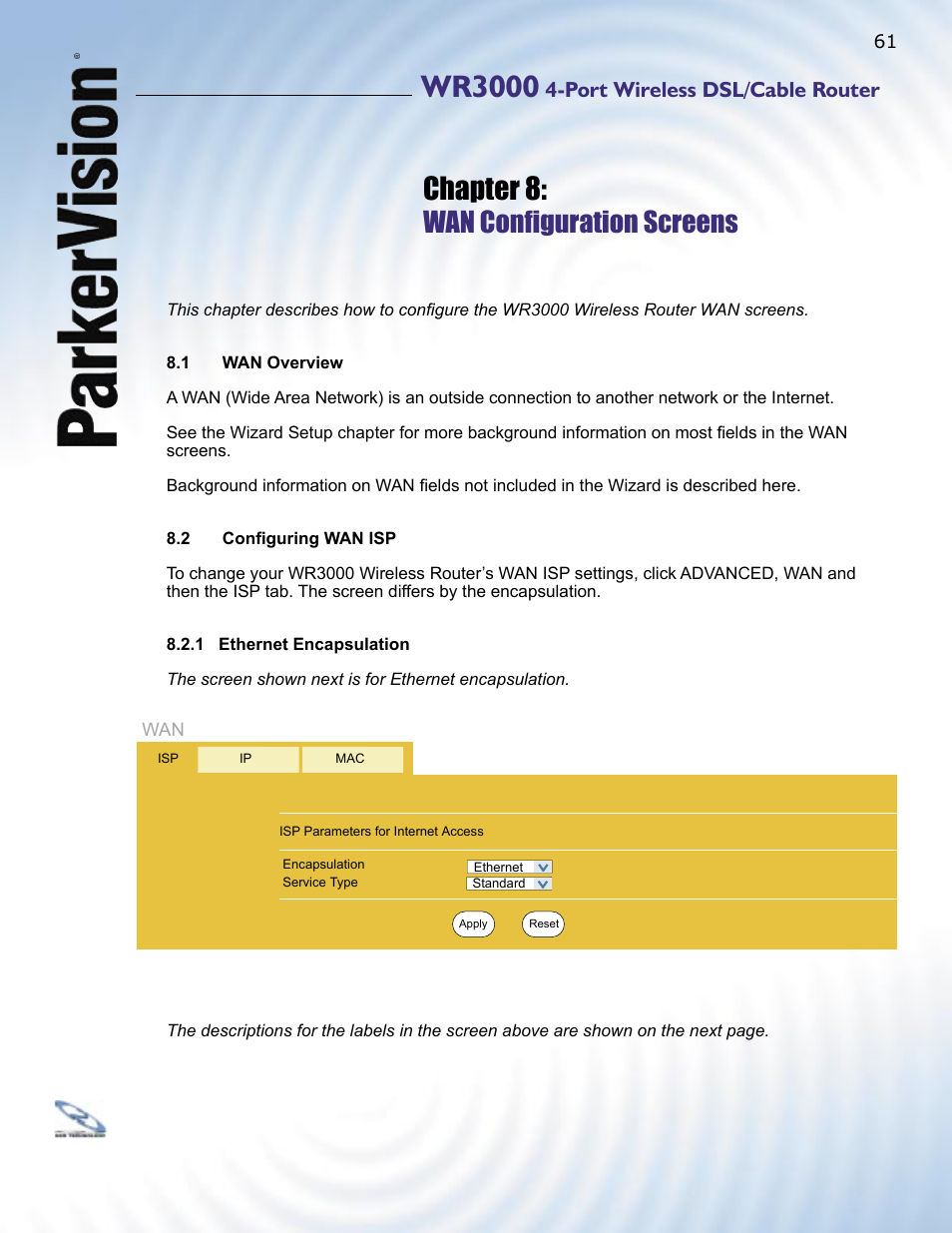 Wr3000, Chapter 8, Wan conﬁ guration screens | Port wireless dsl/cable router | ParkerVision WR3000 User Manual | Page 59 / 179