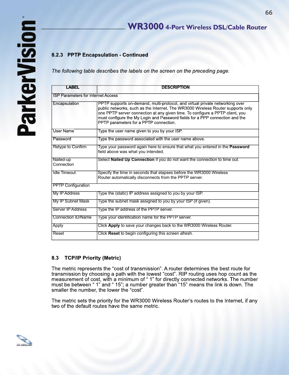 Wr3000, Port wireless dsl/cable router | ParkerVision WR3000 User Manual | Page 64 / 179