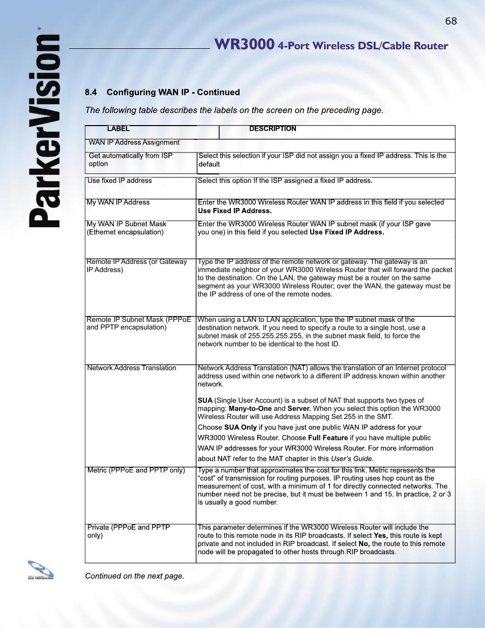 Wr3000, Port wireless dsl/cable router | ParkerVision WR3000 User Manual | Page 66 / 179