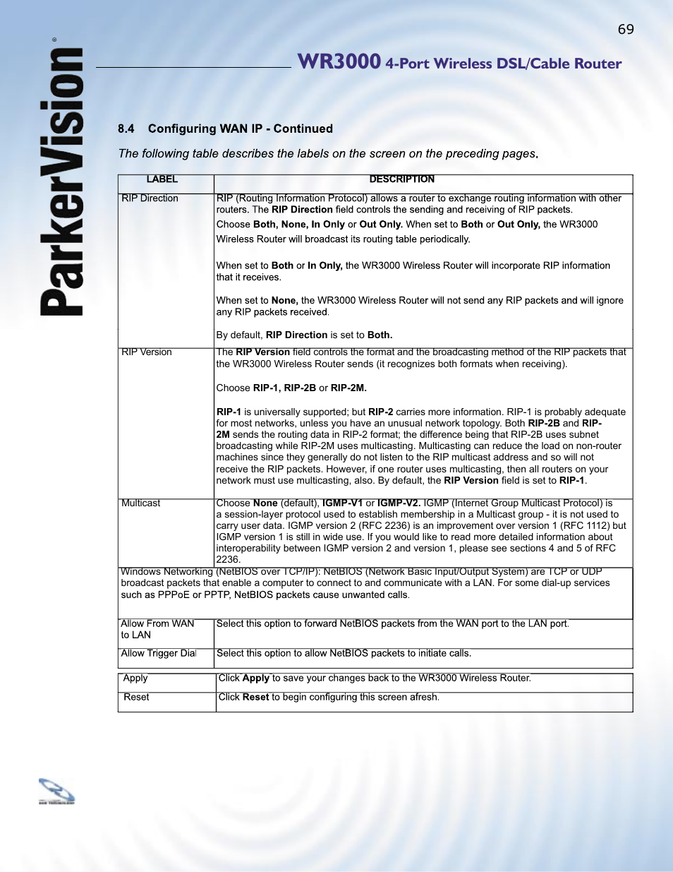 Wr3000, Port wireless dsl/cable router | ParkerVision WR3000 User Manual | Page 67 / 179