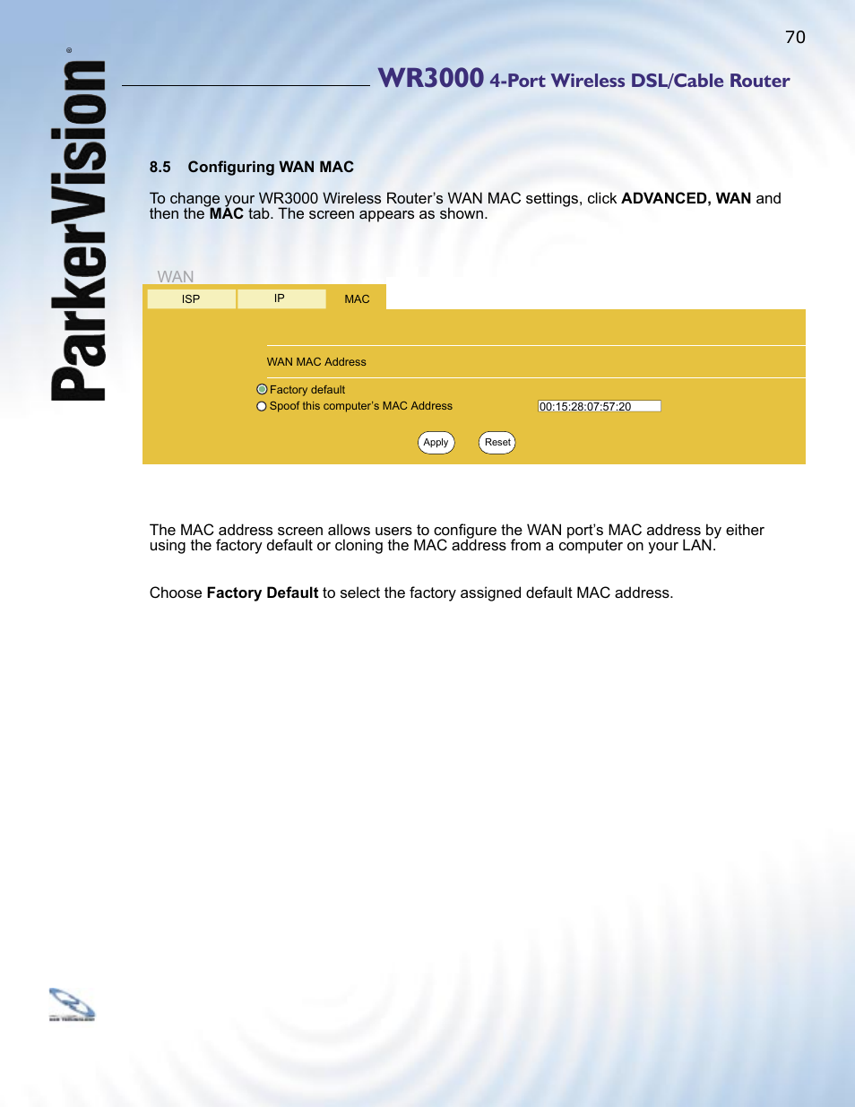 Wr3000, Port wireless dsl/cable router | ParkerVision WR3000 User Manual | Page 68 / 179