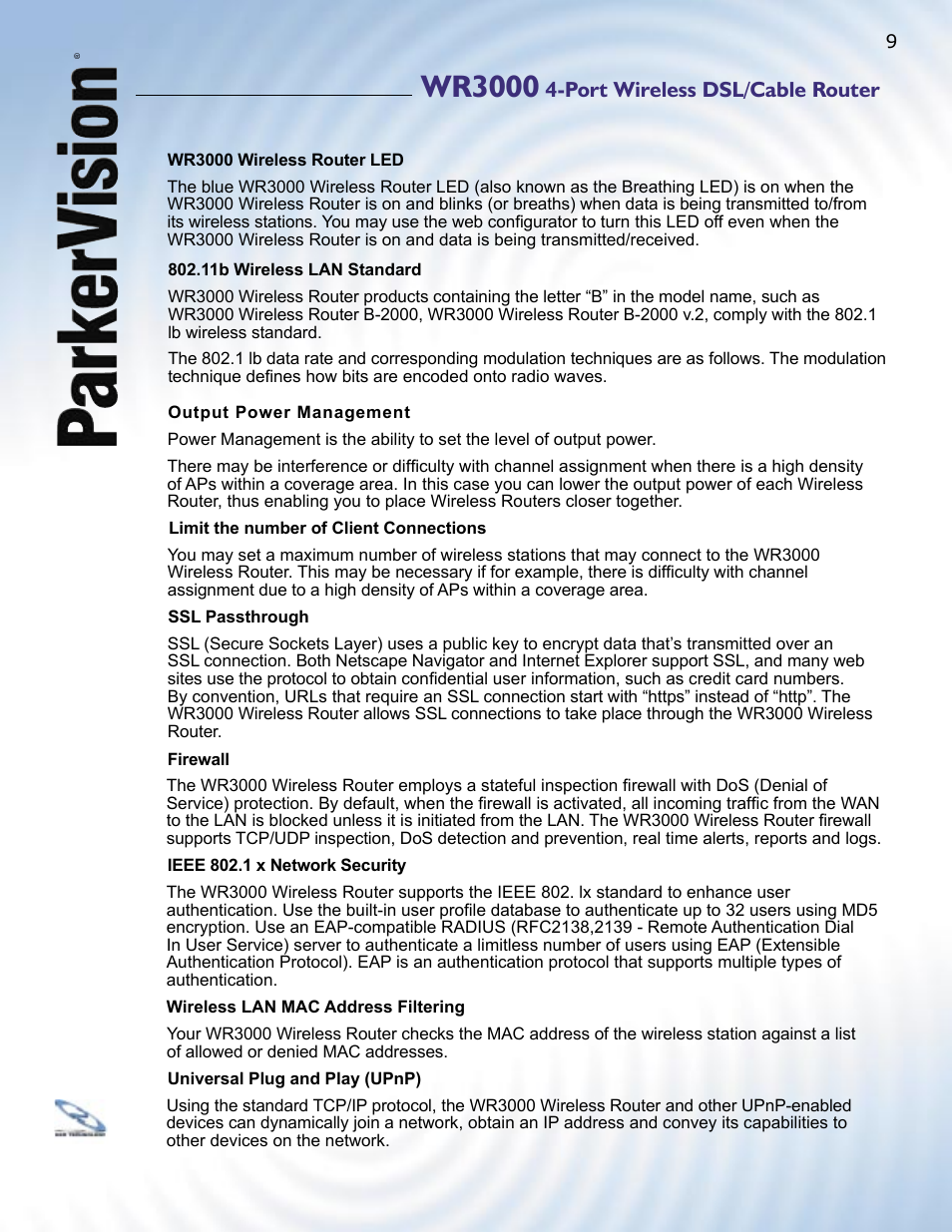 Wr3000, Port wireless dsl/cable router | ParkerVision WR3000 User Manual | Page 7 / 179