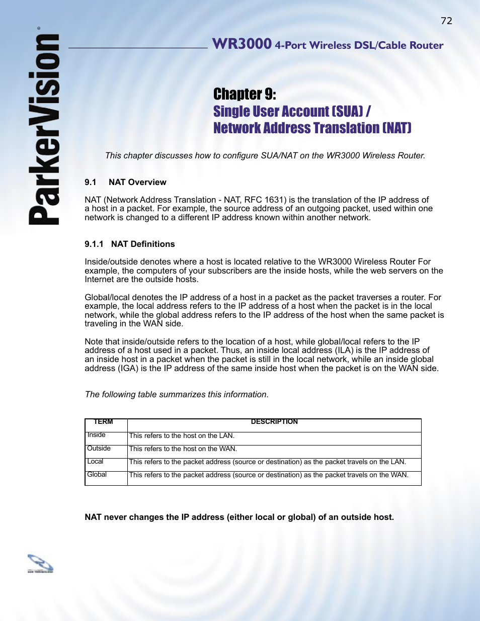 Wr3000, Chapter 9, Port wireless dsl/cable router | ParkerVision WR3000 User Manual | Page 70 / 179