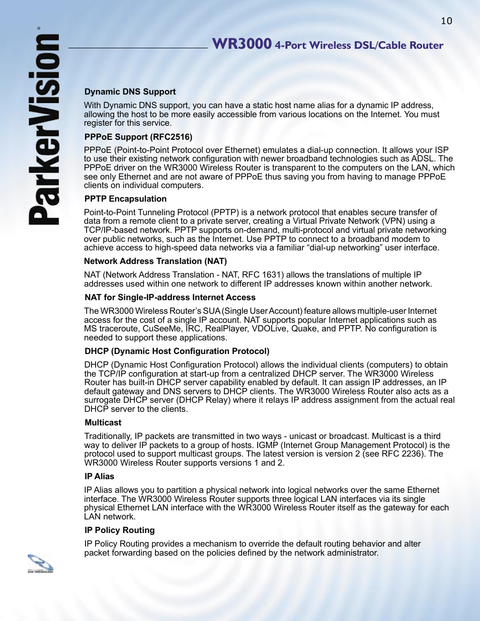 Wr3000, Port wireless dsl/cable router | ParkerVision WR3000 User Manual | Page 8 / 179