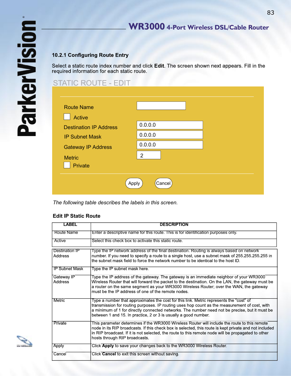 Wr3000, Static route - edit, Port wireless dsl/cable router | ParkerVision WR3000 User Manual | Page 81 / 179
