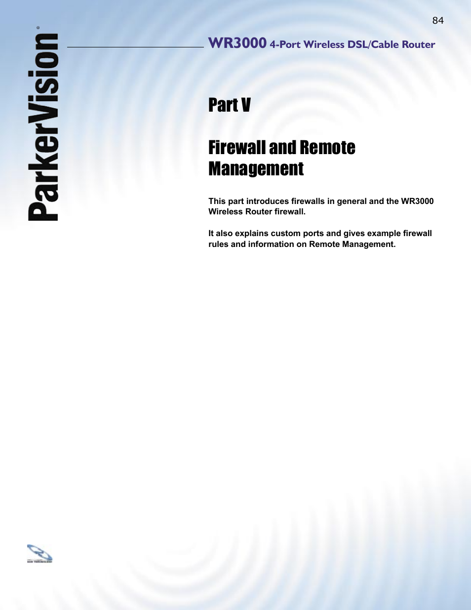 Part v firewall and remote management, Wr3000 | ParkerVision WR3000 User Manual | Page 82 / 179