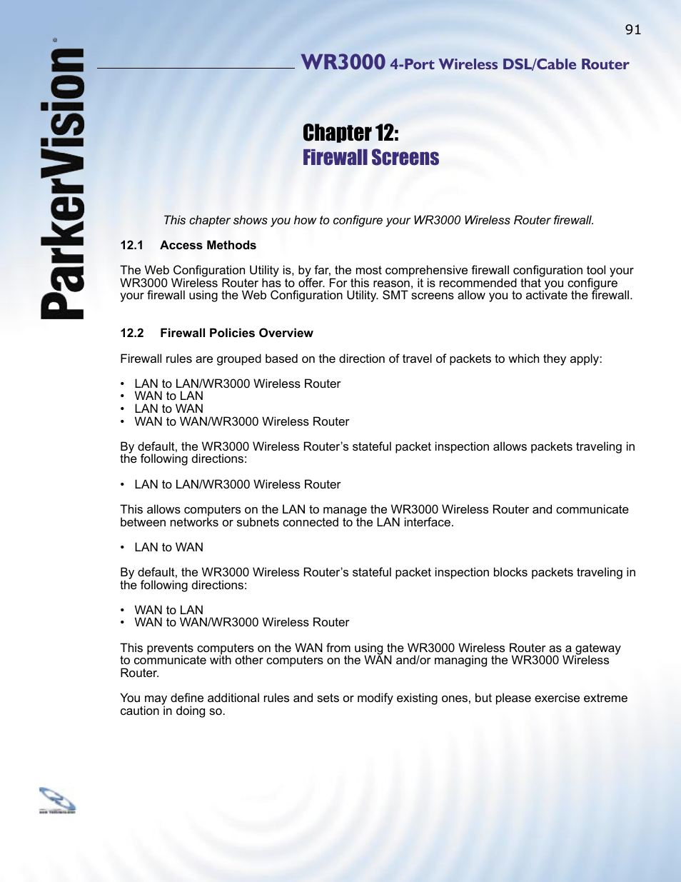 Wr3000, Chapter 12, Firewall screens | ParkerVision WR3000 User Manual | Page 89 / 179