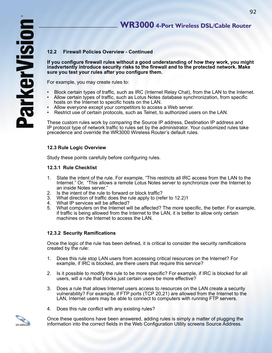 Wr3000, Port wireless dsl/cable router | ParkerVision WR3000 User Manual | Page 90 / 179