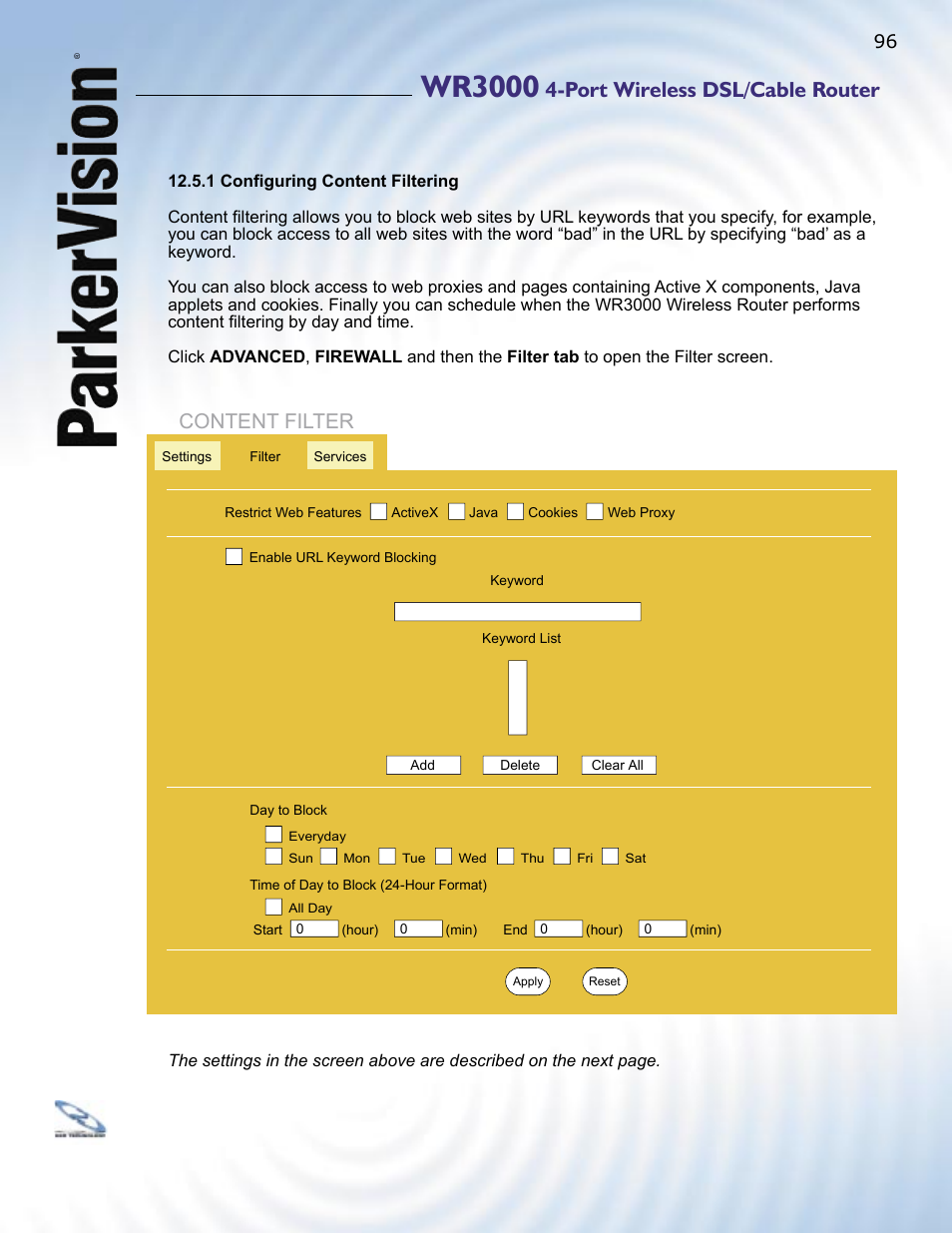 Wr3000, Port wireless dsl/cable router, Content filter | ParkerVision WR3000 User Manual | Page 94 / 179