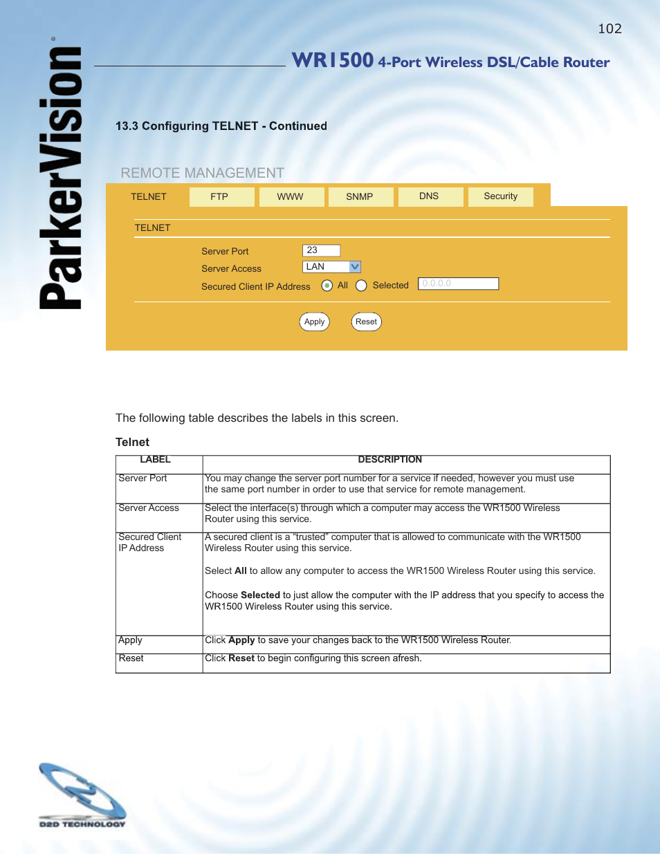 Wr1500, Port wireless dsl/cable router, Remote management | ParkerVision WR1500 User Manual | Page 100 / 177