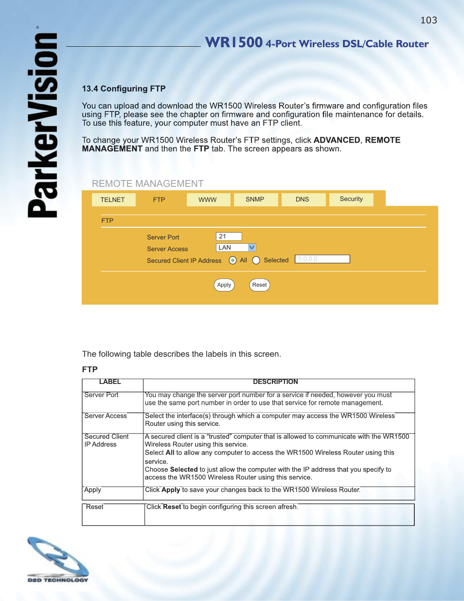 Wr1500, Port wireless dsl/cable router, Remote management | ParkerVision WR1500 User Manual | Page 101 / 177