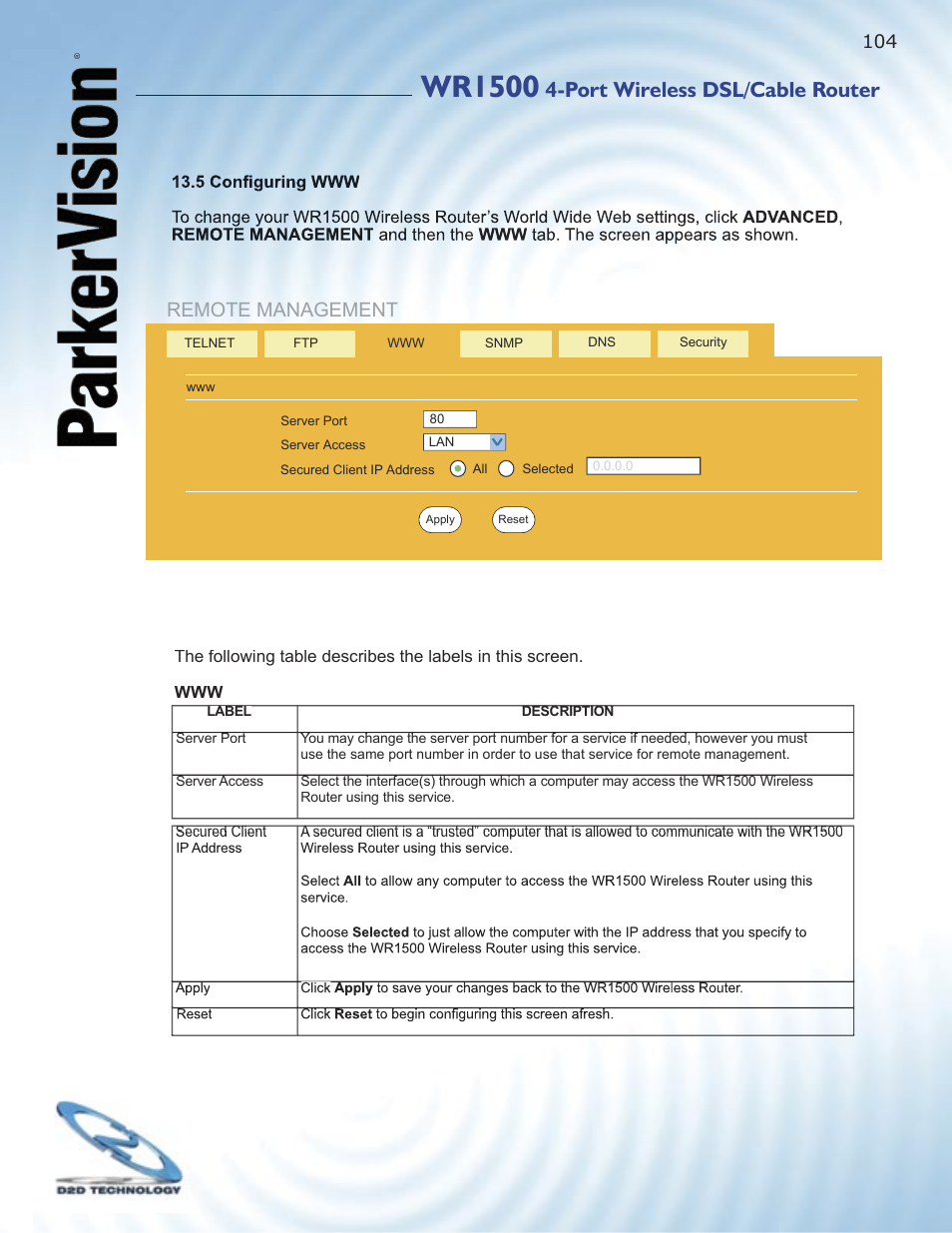 Wr1500, Port wireless dsl/cable router, Remote management | ParkerVision WR1500 User Manual | Page 102 / 177