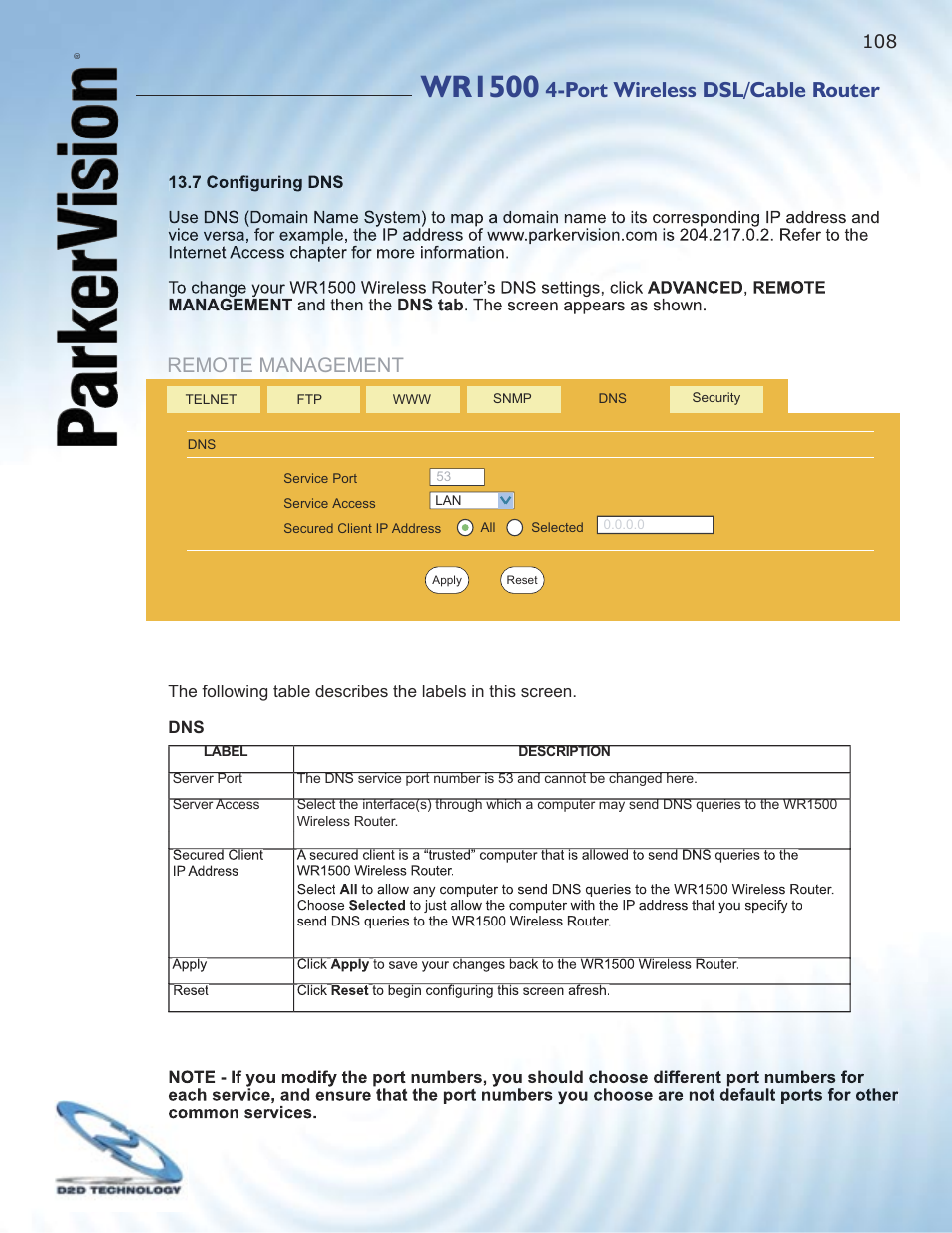 Wr1500, Port wireless dsl/cable router, Remote management | ParkerVision WR1500 User Manual | Page 106 / 177