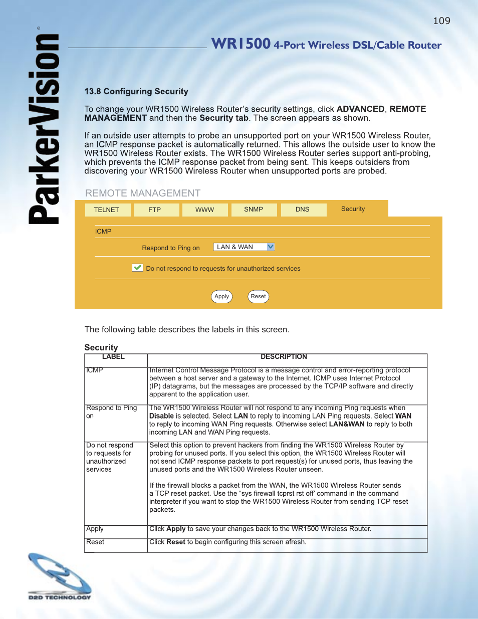 Wr1500, Port wireless dsl/cable router, Remote management | ParkerVision WR1500 User Manual | Page 107 / 177