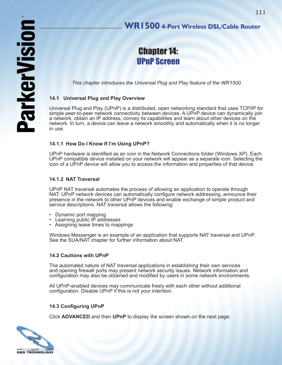 Wr1500, Chapter 14, Upnp screen | ParkerVision WR1500 User Manual | Page 109 / 177