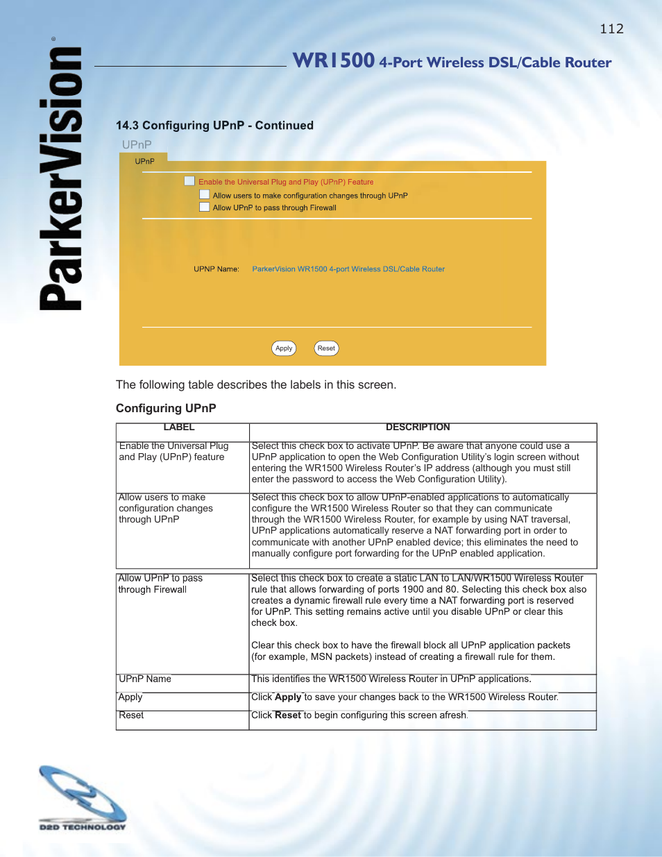 Wr1500, Port wireless dsl/cable router | ParkerVision WR1500 User Manual | Page 110 / 177