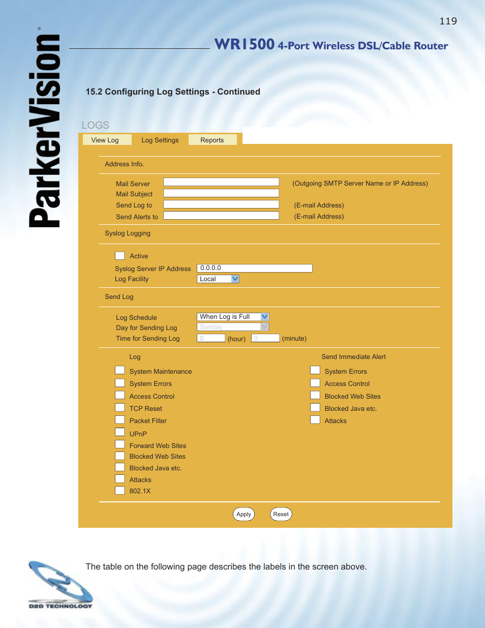 Wr1500, Port wireless dsl/cable router, Logs | ParkerVision WR1500 User Manual | Page 117 / 177