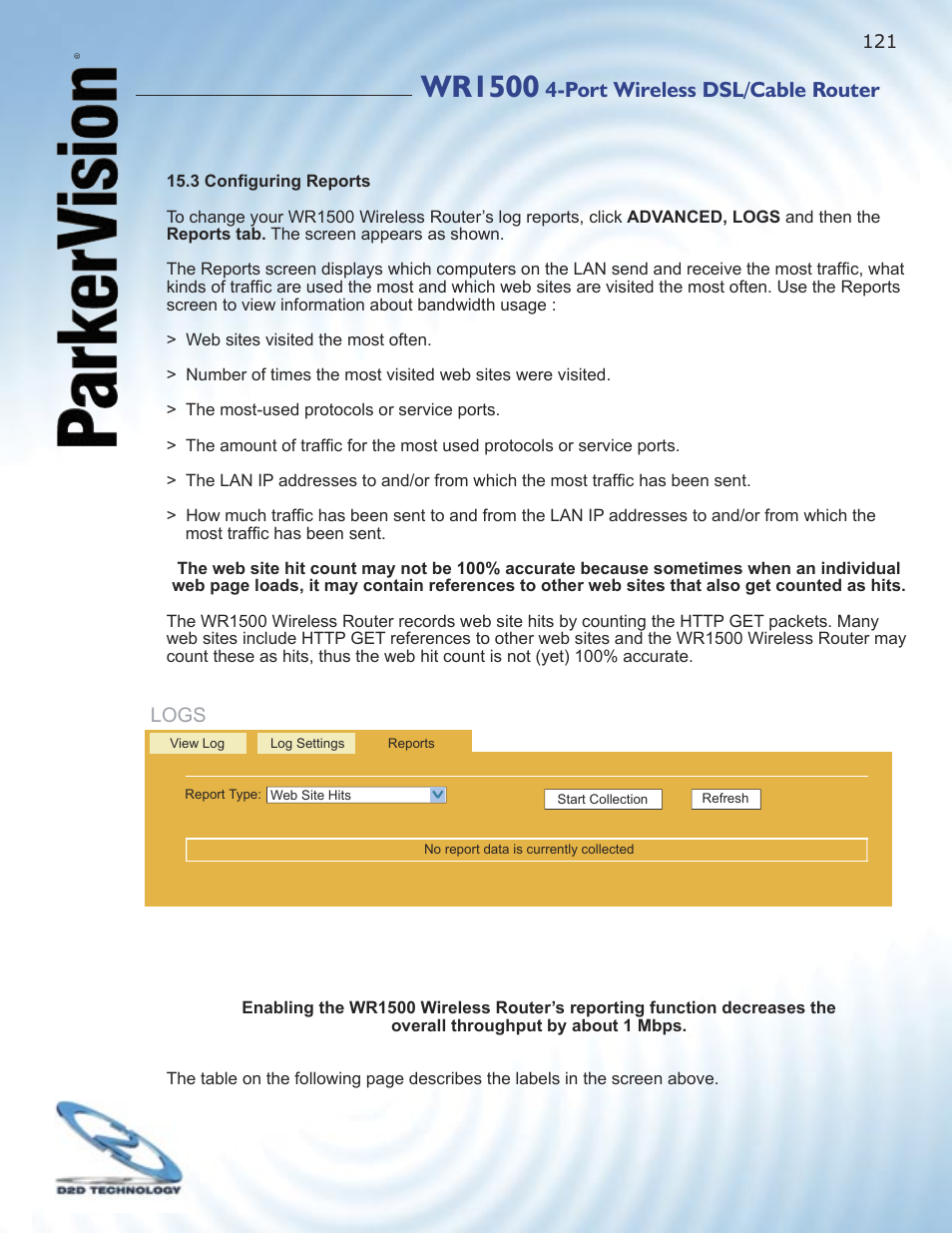 Wr1500, Port wireless dsl/cable router, Logs | ParkerVision WR1500 User Manual | Page 119 / 177