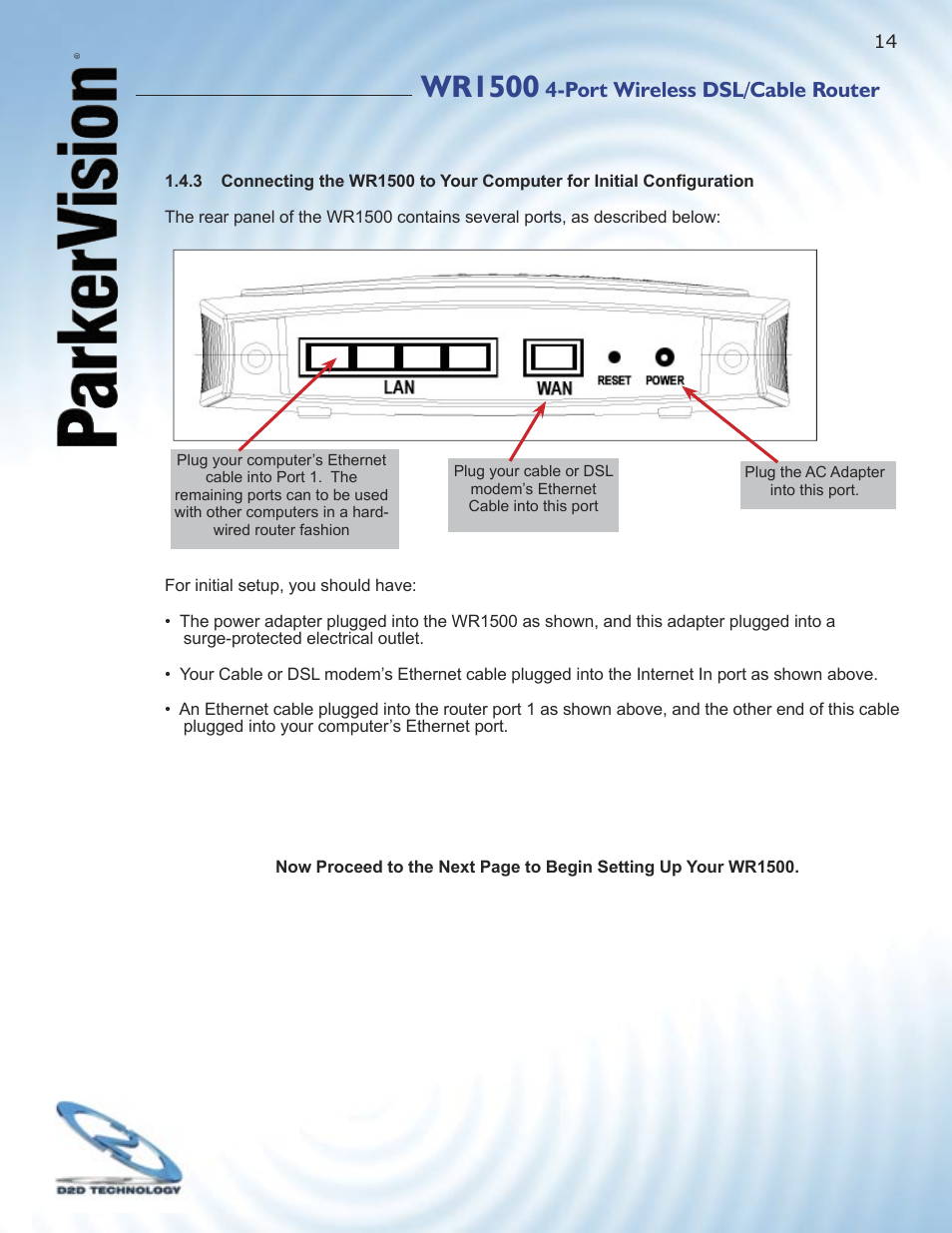 Wr1500, Port wireless dsl/cable router | ParkerVision WR1500 User Manual | Page 12 / 177