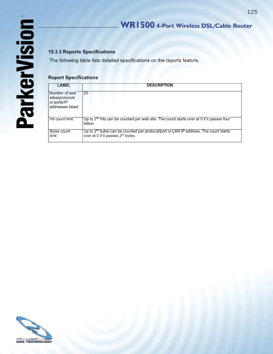 Wr1500, Port wireless dsl/cable router | ParkerVision WR1500 User Manual | Page 123 / 177