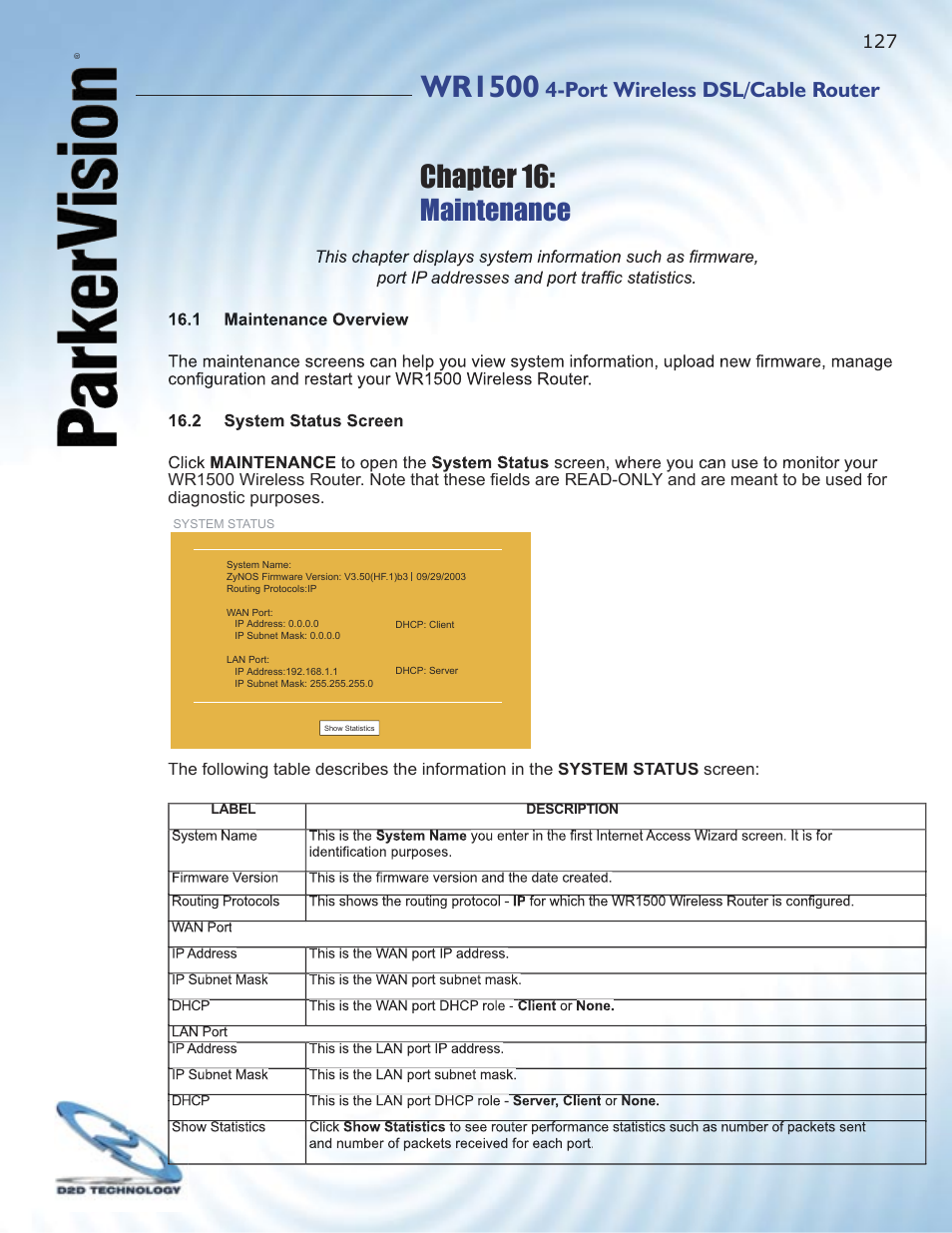 Wr1500, Chapter 16, Maintenance | Port wireless dsl/cable router | ParkerVision WR1500 User Manual | Page 125 / 177
