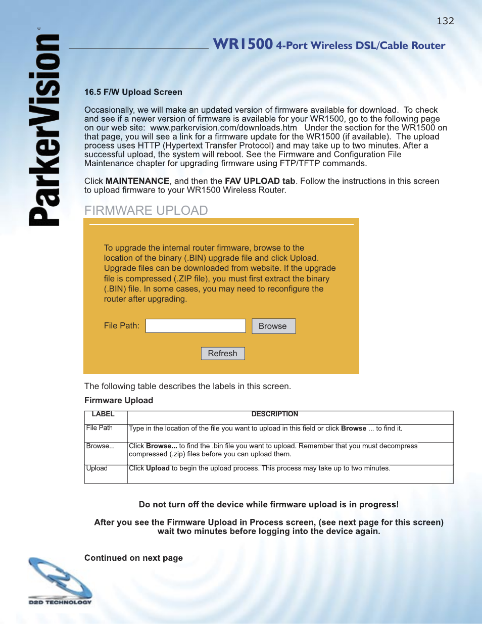 Wr1500, Firmware upload, Port wireless dsl/cable router | ParkerVision WR1500 User Manual | Page 130 / 177