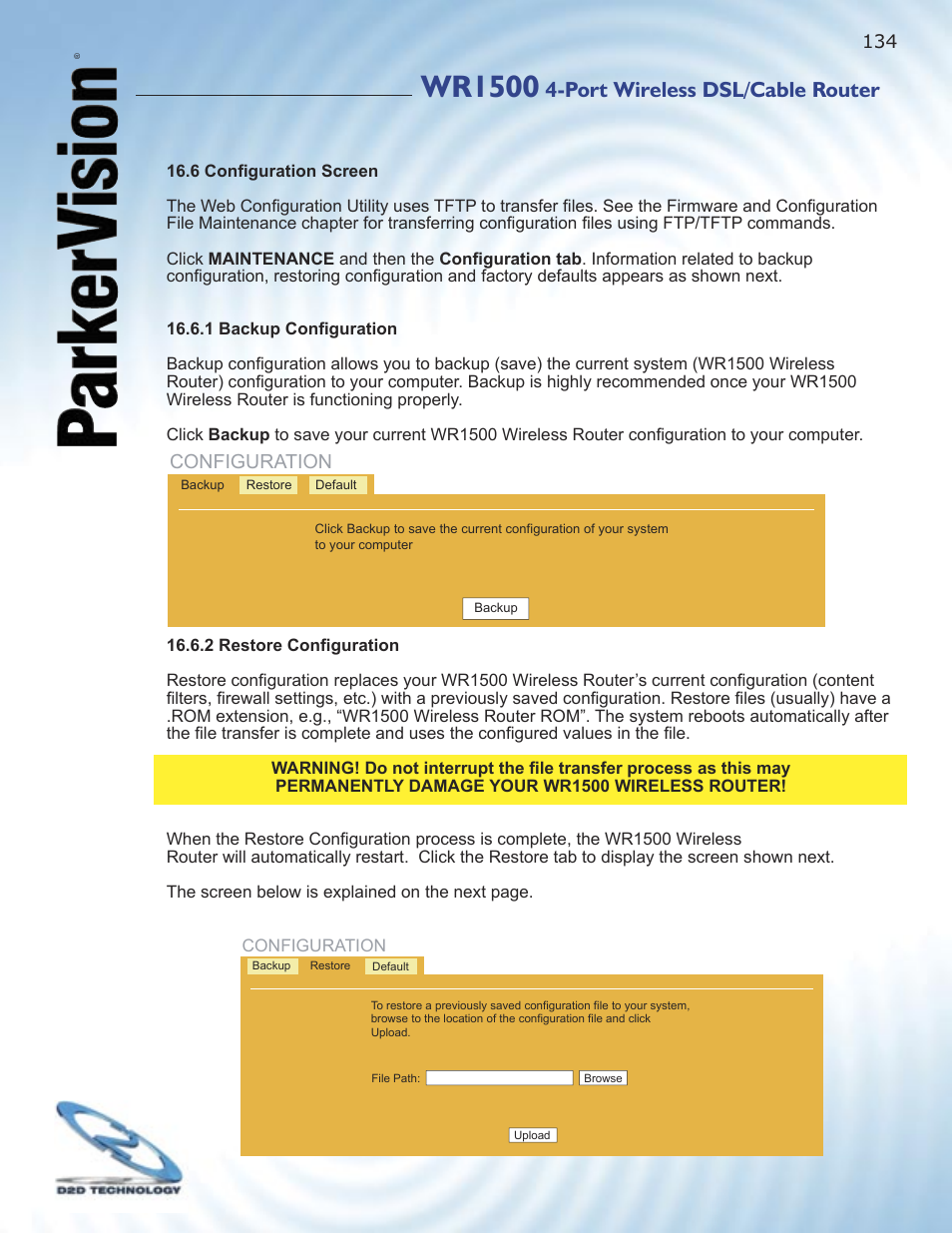 Wr1500, Port wireless dsl/cable router, Configuration | ParkerVision WR1500 User Manual | Page 132 / 177