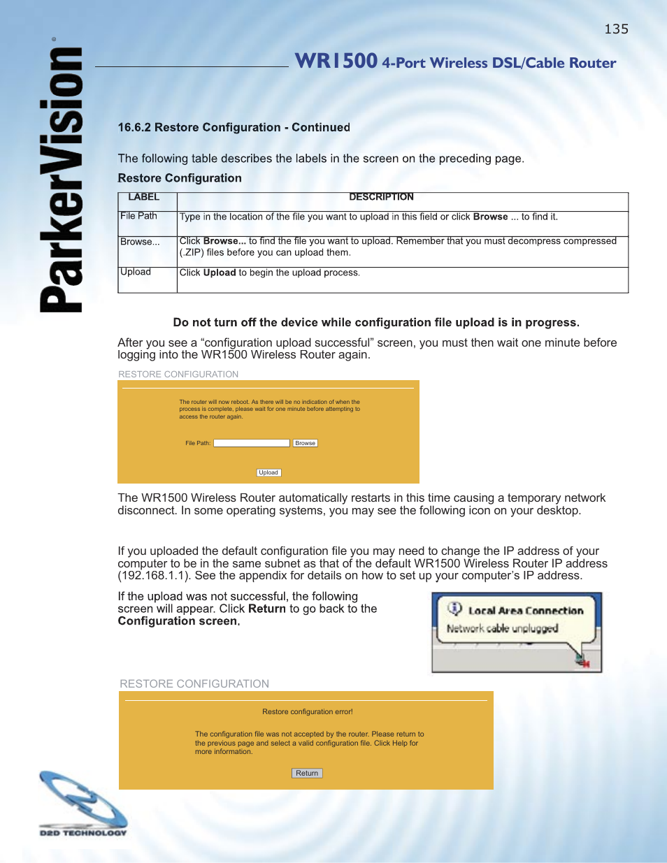 Wr1500, Port wireless dsl/cable router | ParkerVision WR1500 User Manual | Page 133 / 177