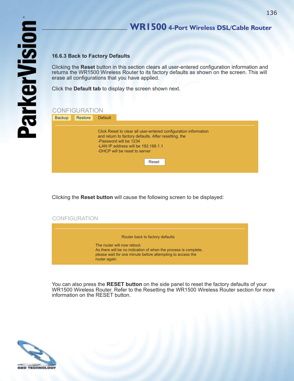 Wr1500, Port wireless dsl/cable router, Configuration | ParkerVision WR1500 User Manual | Page 134 / 177