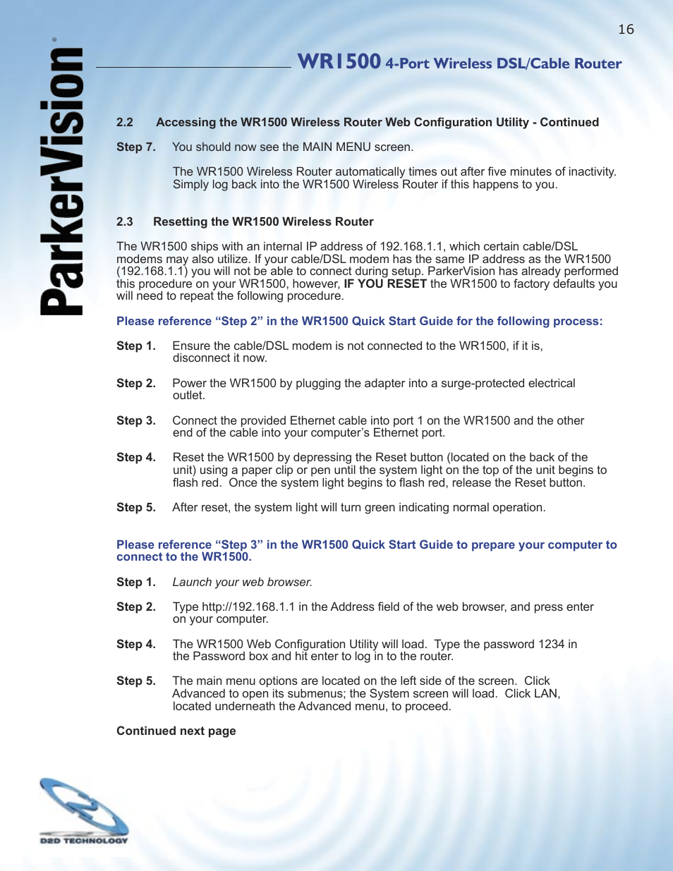 Wr1500, Port wireless dsl/cable router | ParkerVision WR1500 User Manual | Page 14 / 177