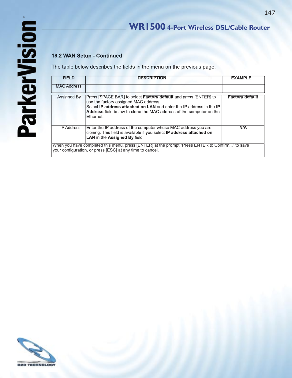 Wr1500, Port wireless dsl/cable router | ParkerVision WR1500 User Manual | Page 145 / 177