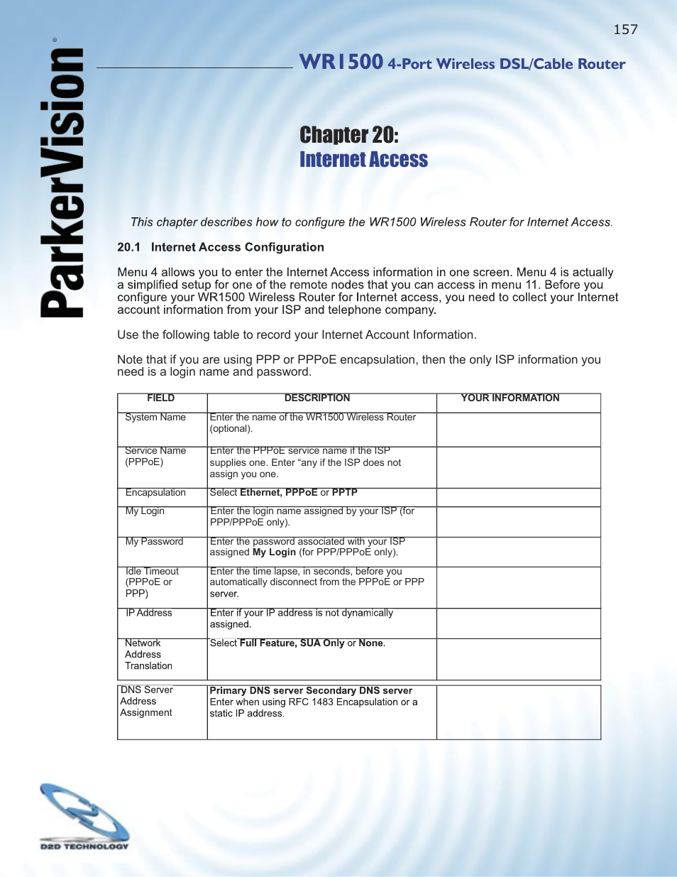 Wr1500, Chapter 20, Internet access | Port wireless dsl/cable router | ParkerVision WR1500 User Manual | Page 155 / 177