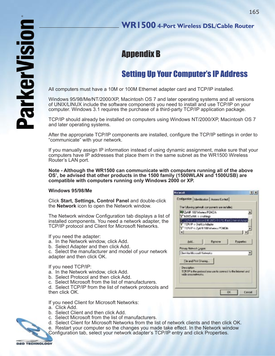 Wr1500, Appendix b, Setting up your computer’s ip address | ParkerVision WR1500 User Manual | Page 163 / 177