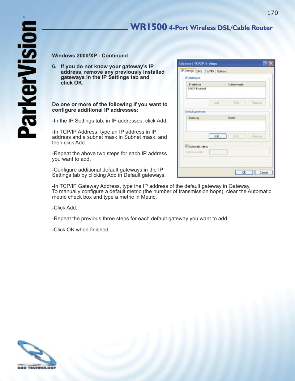 Wr1500, Port wireless dsl/cable router | ParkerVision WR1500 User Manual | Page 168 / 177