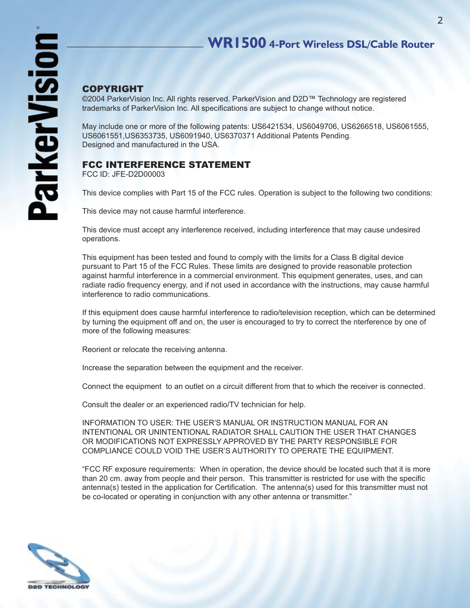 Wr1500, Port wireless dsl/cable router | ParkerVision WR1500 User Manual | Page 2 / 177