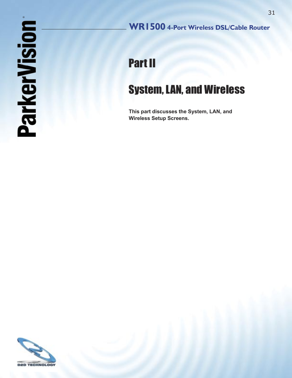 Part ii system, lan, and wireless, Wr1500 | ParkerVision WR1500 User Manual | Page 29 / 177
