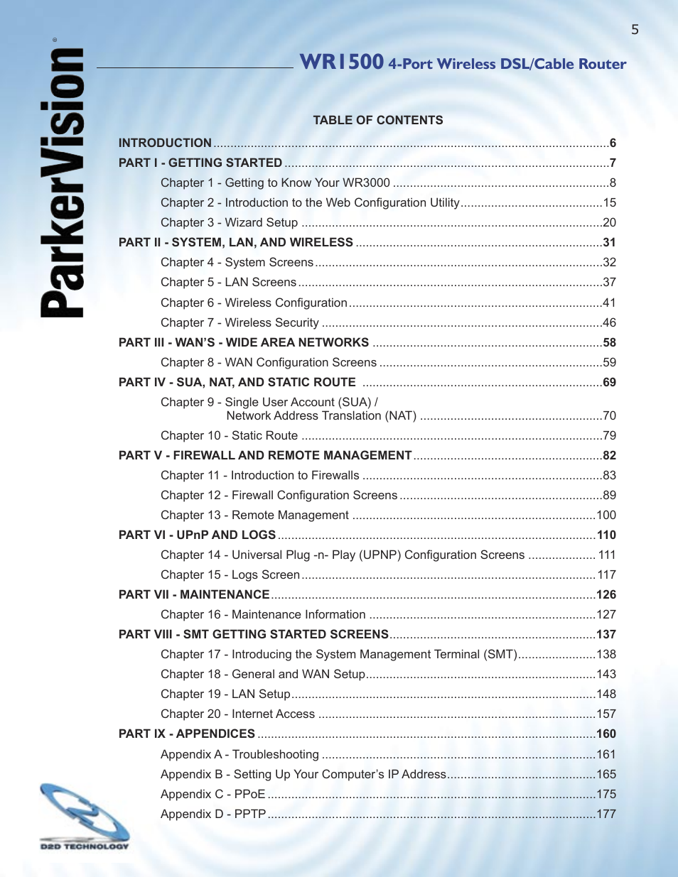 Wr1500, Port wireless dsl/cable router | ParkerVision WR1500 User Manual | Page 3 / 177