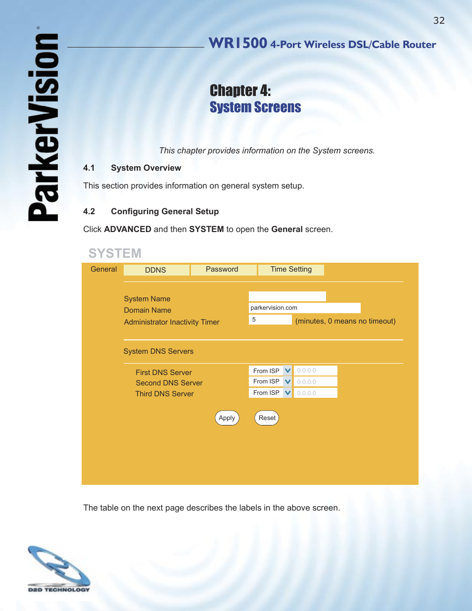 Wr1500, Chapter 4, System screens | System, Port wireless dsl/cable router | ParkerVision WR1500 User Manual | Page 30 / 177